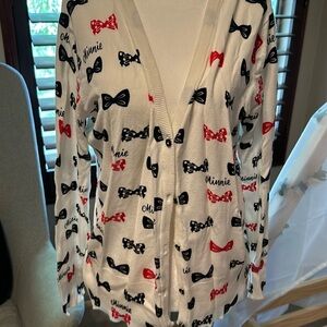 Disney Parks Minnie Mouse White Cardigan with Black & red ribbons, size Large